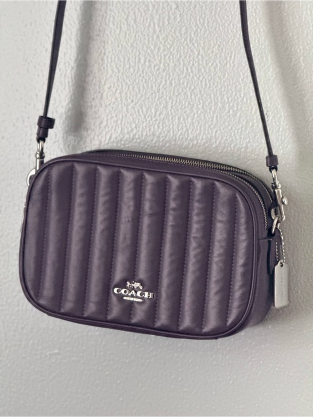 Coach Purple Quilted Leather Camera Bag Crossbody Silver Hardware